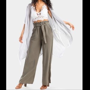 Francesca’s olive green paper bag waist flare pant